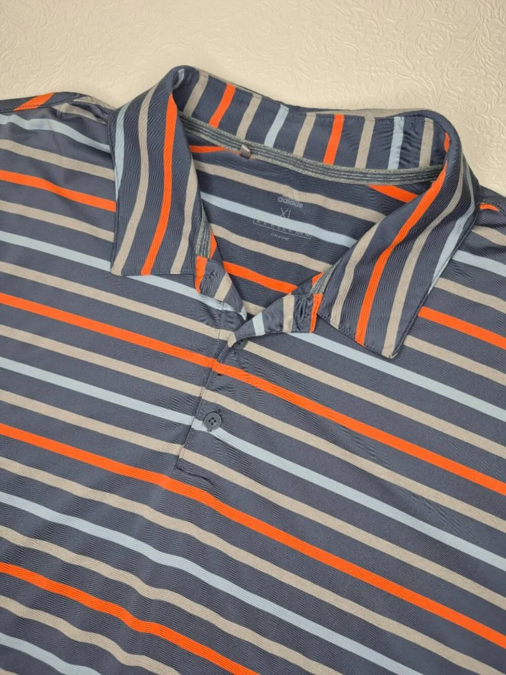 Adidas Mens XL Short Sleeve Stretchy Striped Logo Polo Shirt Blue Gray Orange